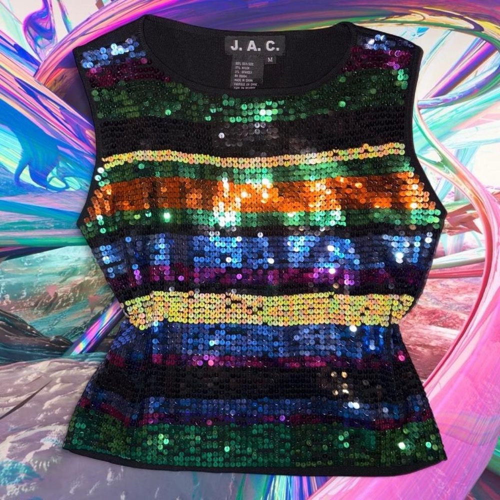 vintage 90s rainbow sequin striped tank top - j.a.c., 80% silk, sz md. no flaws!